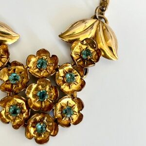 Vintage Gold Filled Floral Necklace — Turquoise Crystal Accents — Signed
